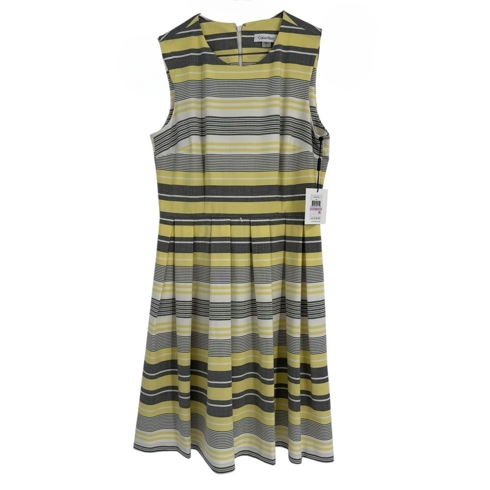 Calvin Klein Striped Dress Yellow Grey White Size 6 NWT Sleeveless *belt Missing